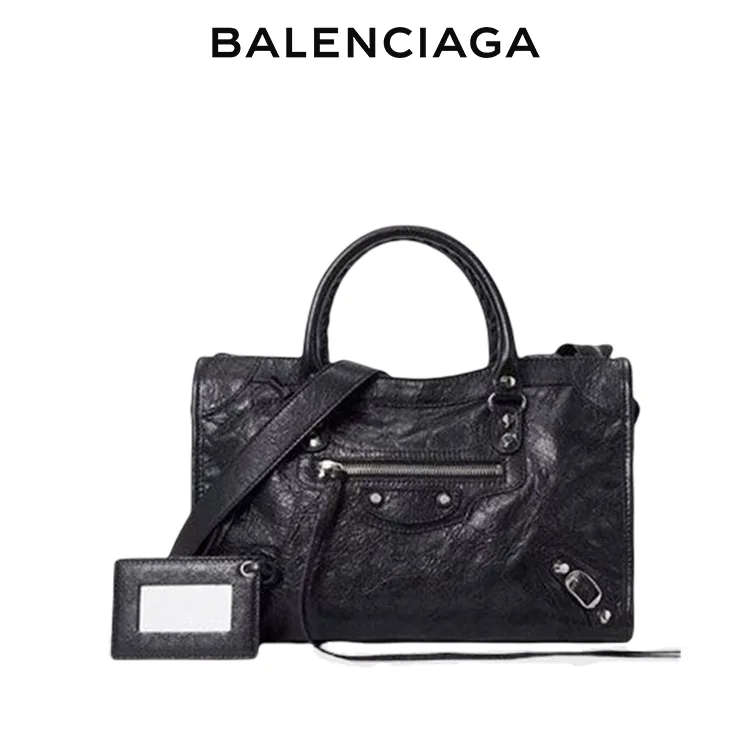 BALENCIAGA巴黎世家CLASSIC CITY女士銀扣羊皮手提斜背機車包