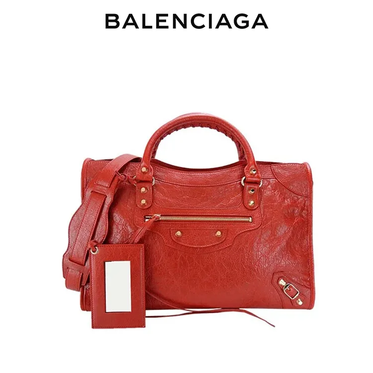 BALENCIAGA巴黎世家CLASSIC CITY女士紅色羊皮金扣手提單肩機車包