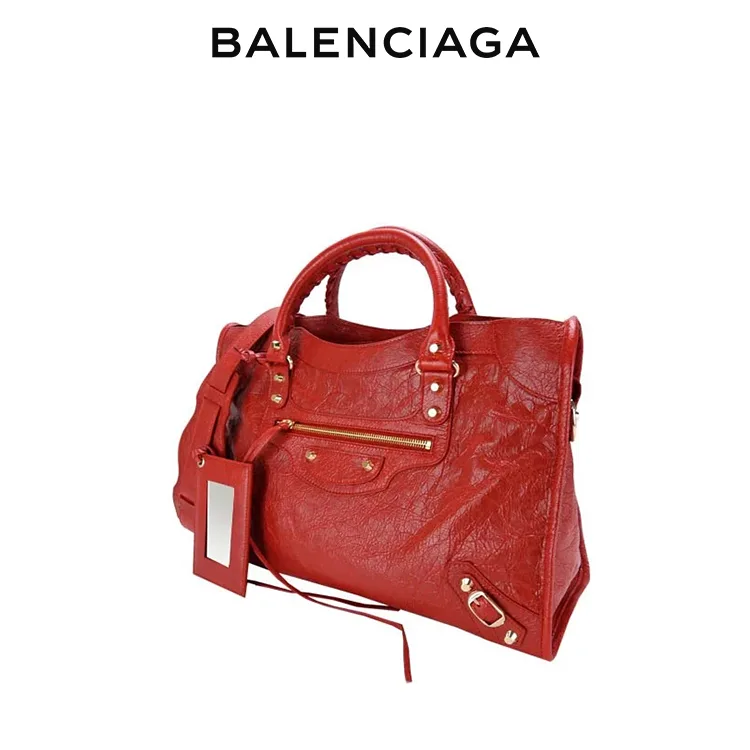 BALENCIAGA巴黎世家CLASSIC CITY女士紅色羊皮金扣手提單肩機車包
