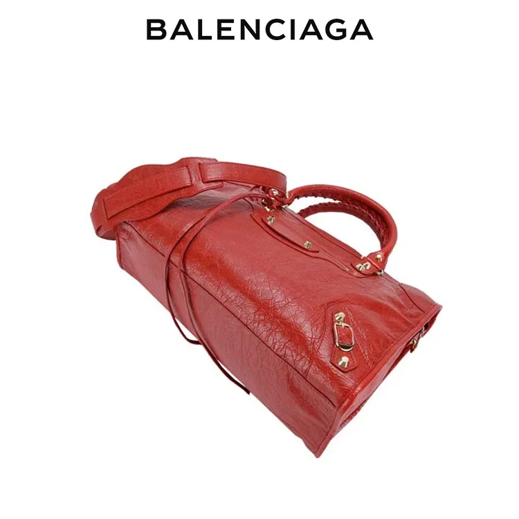 BALENCIAGA巴黎世家CLASSIC CITY女士紅色羊皮金扣手提單肩機車包