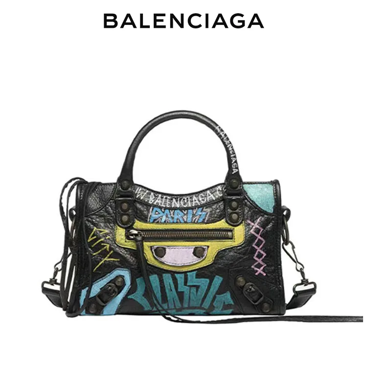 BALENCIAGA巴黎世家CLASSIC CITY GRAFFITI女士黑色羊皮革塗鴉迷你單肩手提機車包