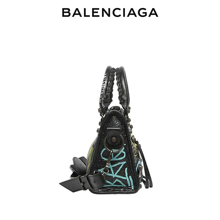 BALENCIAGA巴黎世家CLASSIC CITY GRAFFITI女士黑色羊皮革塗鴉迷你單肩手提機車包