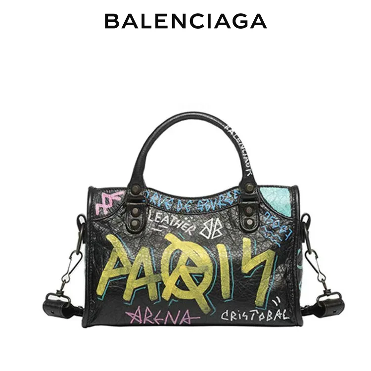 BALENCIAGA巴黎世家CLASSIC CITY GRAFFITI女士黑色羊皮革塗鴉迷你單肩手提機車包