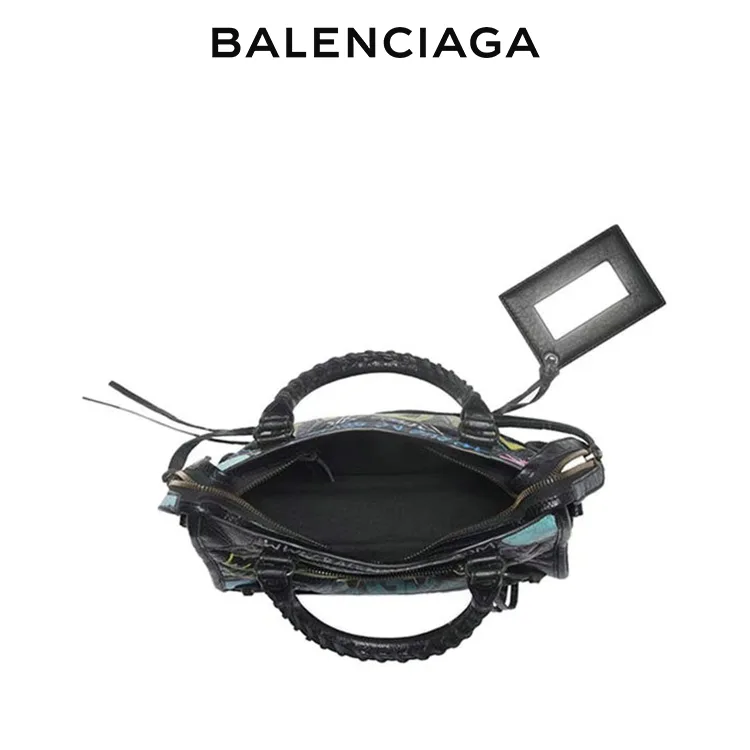 BALENCIAGA巴黎世家CLASSIC CITY GRAFFITI女士黑色羊皮革塗鴉迷你單肩手提機車包