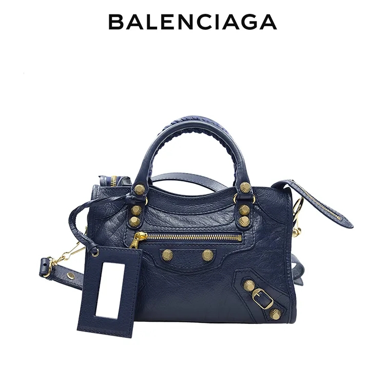BALENCIAGA巴黎世家CLASSIC CITY女士中號藍色羊皮革金扣單肩手提機車包