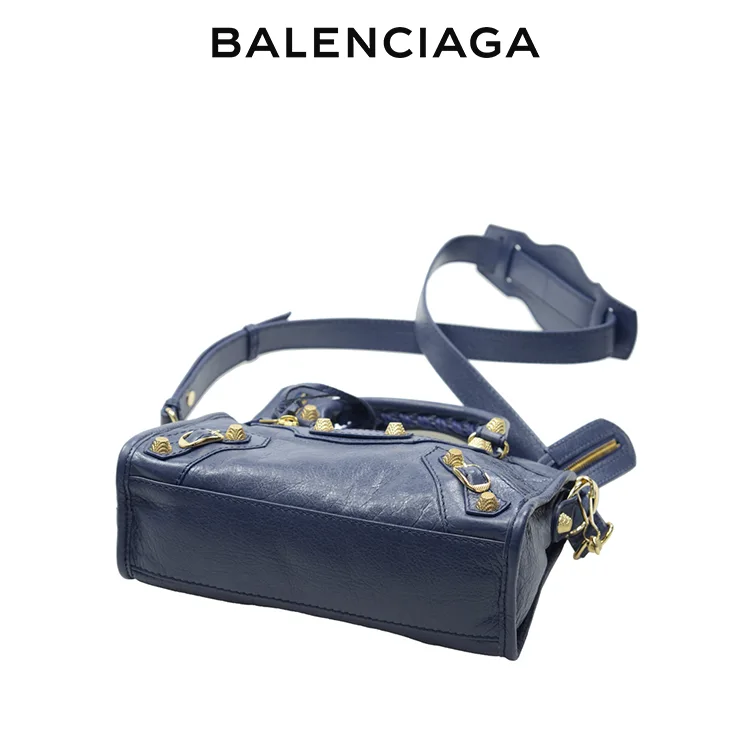 BALENCIAGA巴黎世家CLASSIC CITY女士中號藍色羊皮革金扣單肩手提機車包