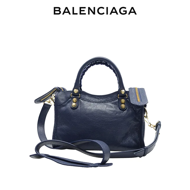 BALENCIAGA巴黎世家CLASSIC CITY女士中號藍色羊皮革金扣單肩手提機車包