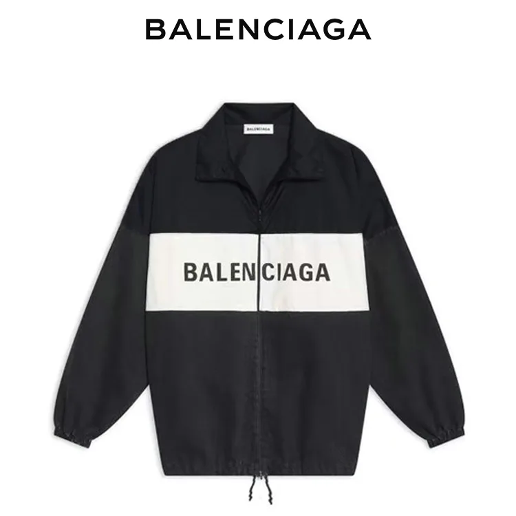 BALENCIAGA巴黎世家女士品牌標識撞色拼接潮流立領夾克拉鍊外套