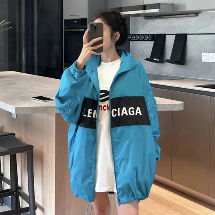 BALENCIAGA巴黎世家女士品牌標識撞色拼接潮流立領夾克拉鍊外套