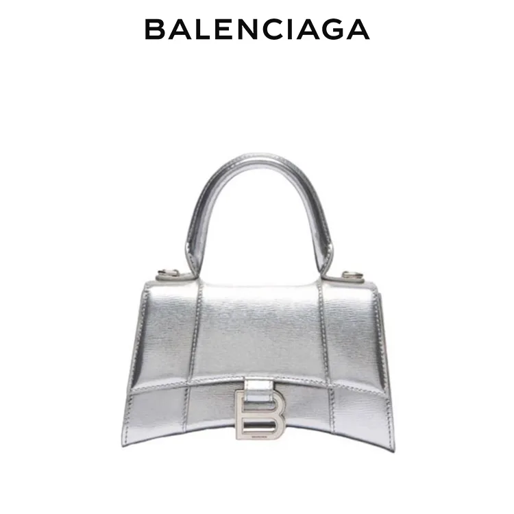 BALENCIAGA巴黎世家HOURGLASS女士光滑牛皮銀扣手提沙漏包