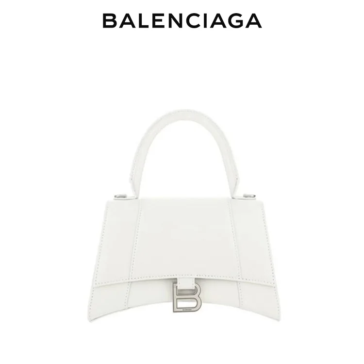 BALENCIAGA巴黎世家HOURGLASS女士光滑牛皮銀扣手提沙漏包