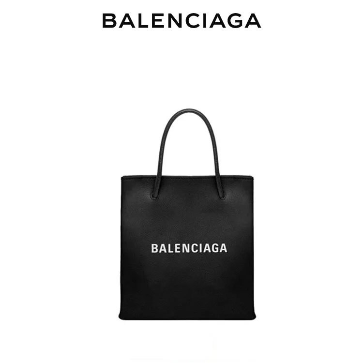 BALENCIAGA巴黎世家SHOPPING女士簡約品牌標識黑色牛皮革小號托特包