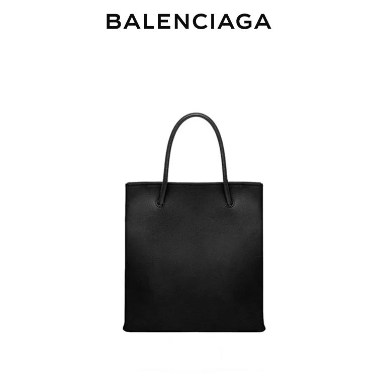 BALENCIAGA巴黎世家SHOPPING女士簡約品牌標識黑色牛皮革小號托特包