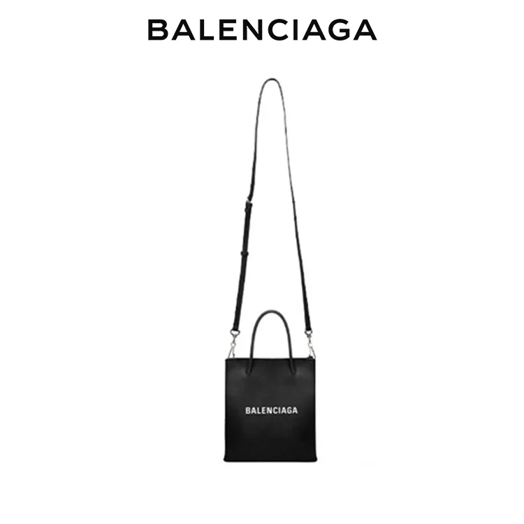 BALENCIAGA巴黎世家SHOPPING女士簡約品牌標識黑色牛皮革小號托特包